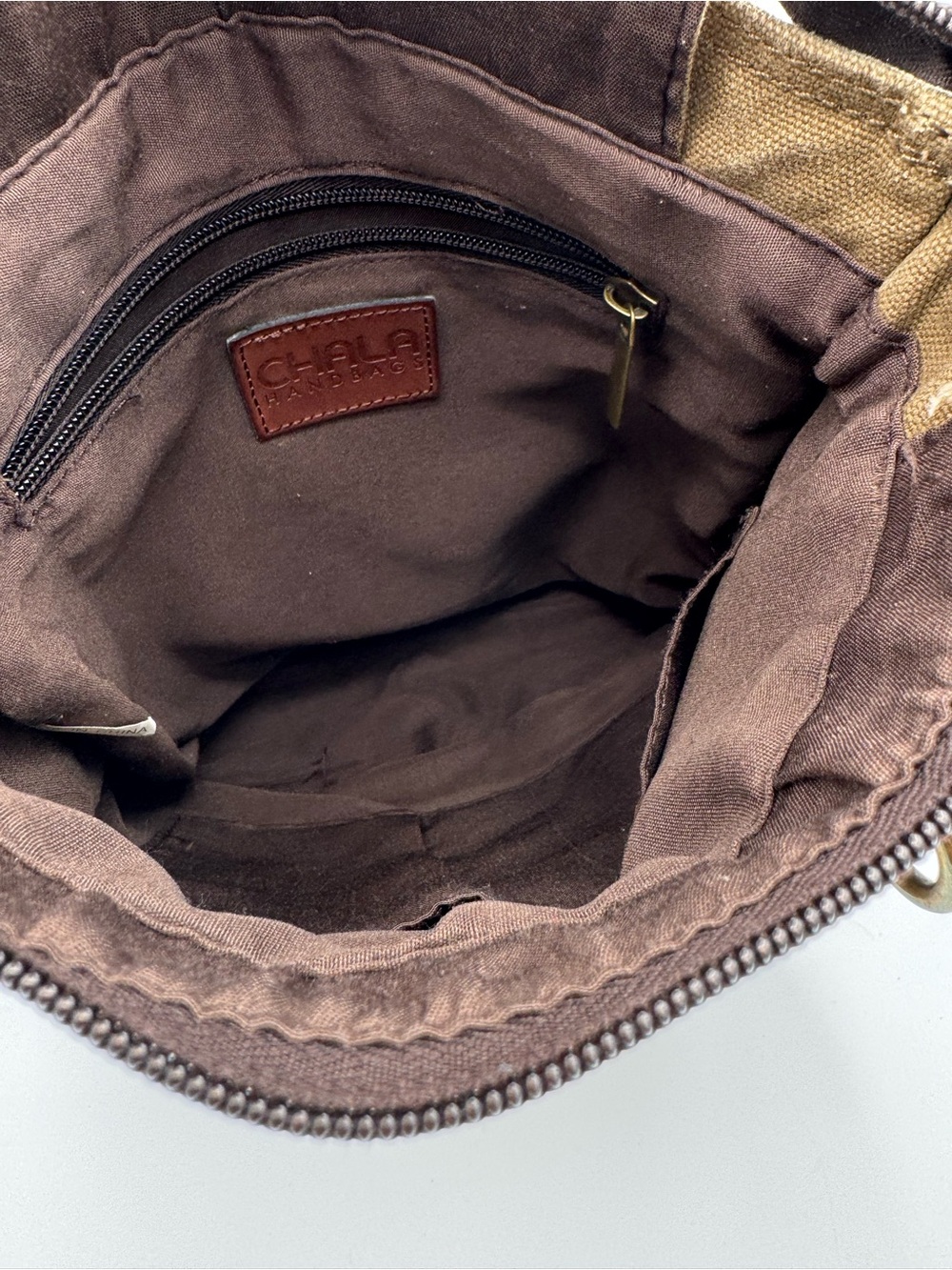 Chala Patch Embellished Canvas Crossbody Messenger Bag- Olive Green Tan Brown - Picture 8 of 11